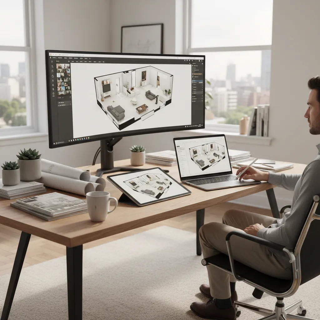 Man using stylus to create interior design drawing showing room layout on multiple computer screens