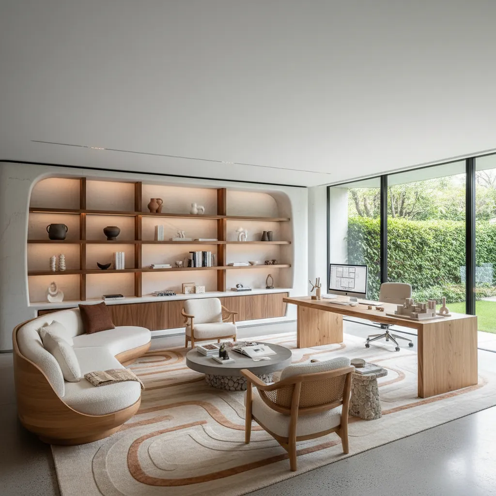 Spacious home office with wooden desk white curved sofa large wall shelves and garden windows