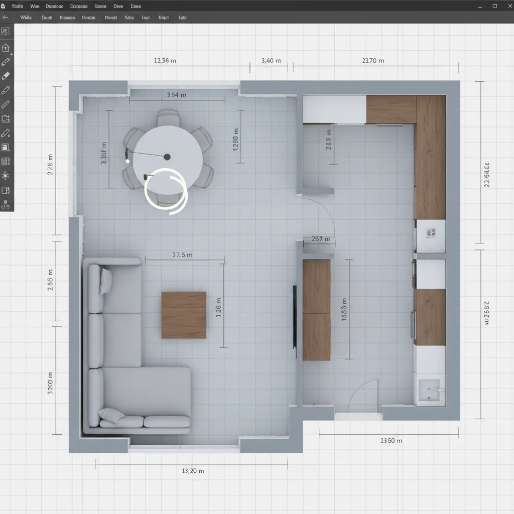 Plano digital de habitación con distribución de muebles y medidas