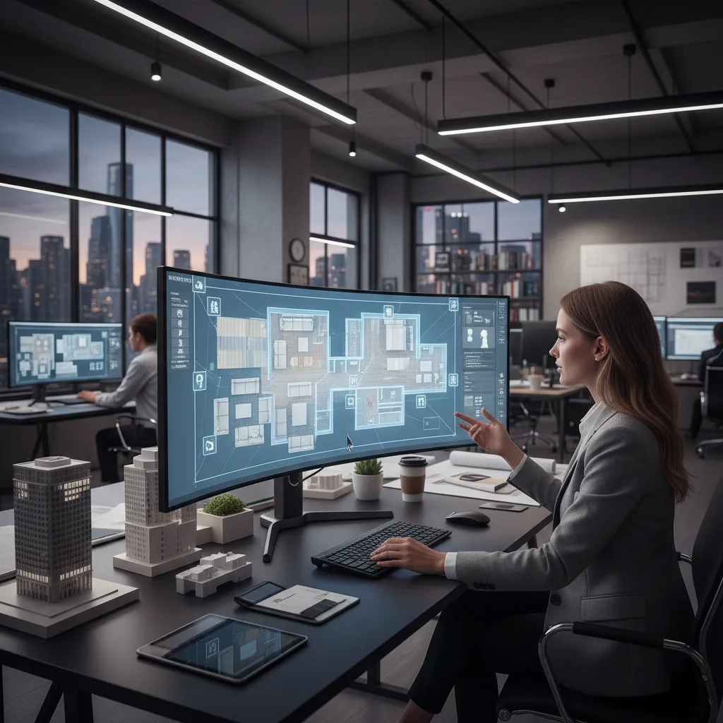 Diseñador organizando muebles dentro de un plano digital de una vivienda