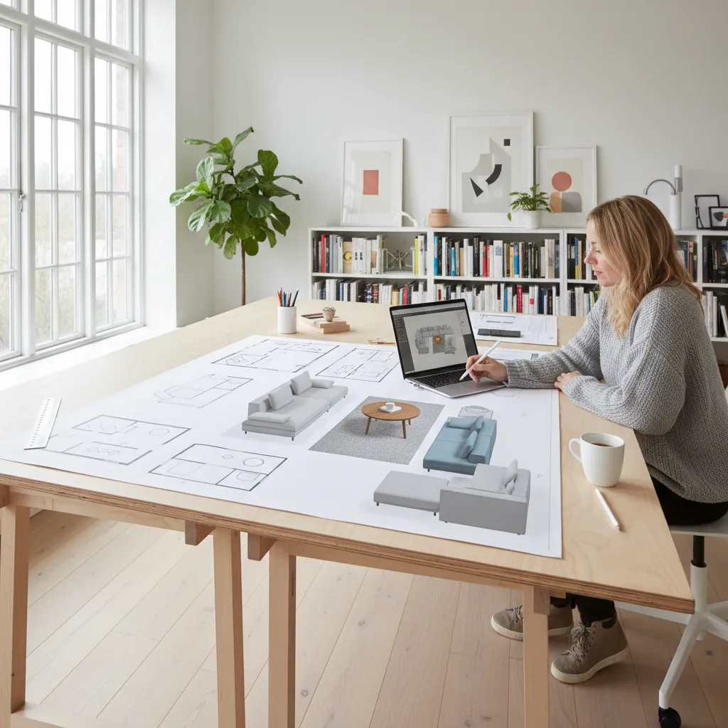 Diseñador planificando distribución de salón con muebles modulares