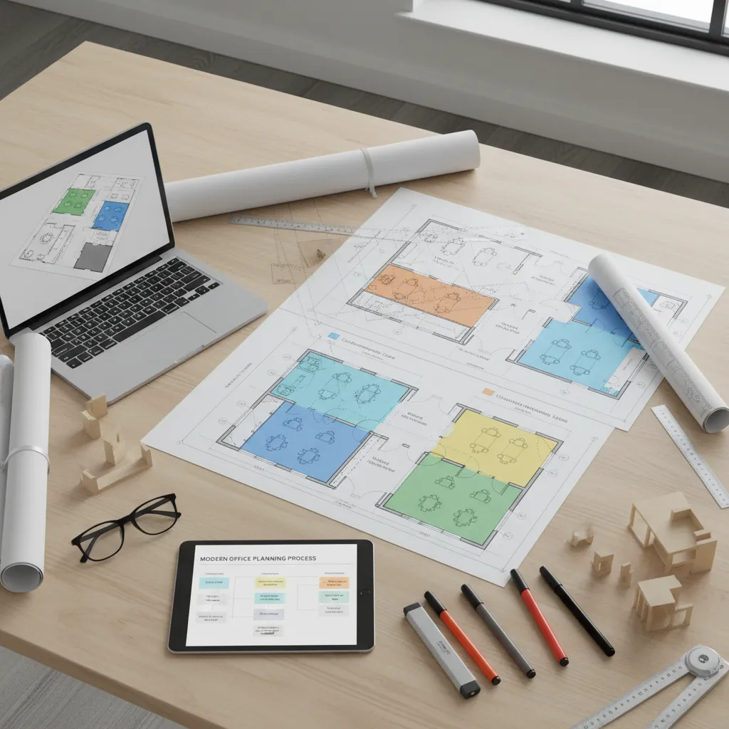 Office planning desk with laptop tablet printed room layouts pens and small building model pieces