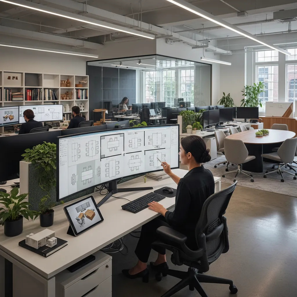Persona organizando el layout de una oficina en un software de diseño