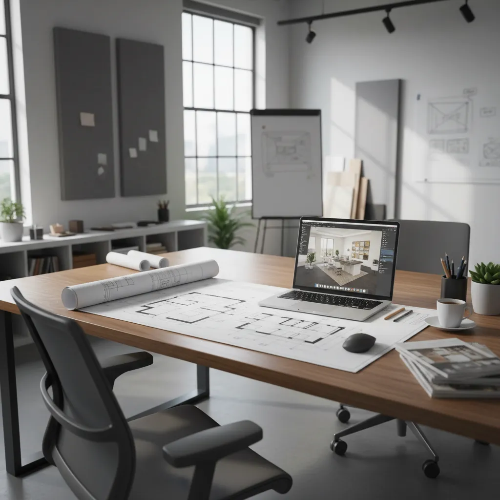 Diseñador de interiores trabajando en el layout de una oficina con planos y ordenador