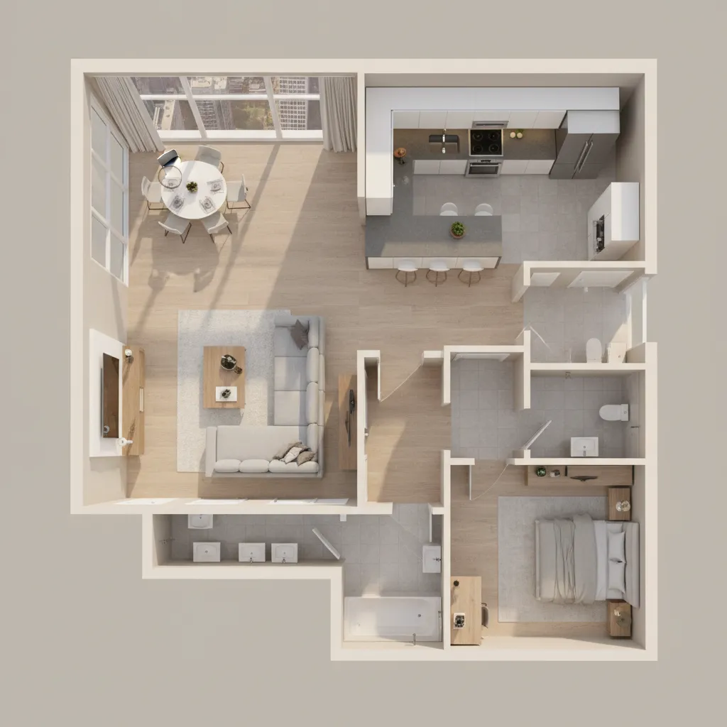 3D interior design drawing showing a modern apartment layout with kitchen living room and bedroom