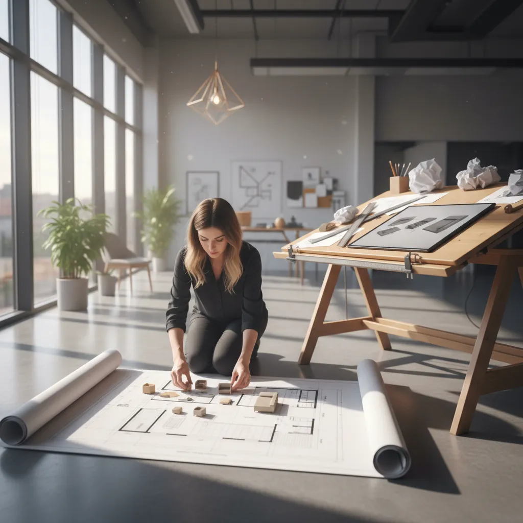 diseñador organizando muebles en un plano de salón