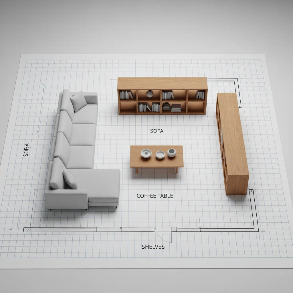 Living room furniture layout showing grey sofa wooden coffee table and cabinets on grid background
