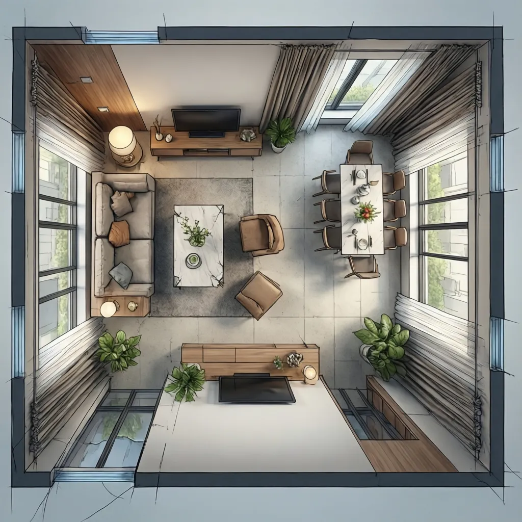 Plano digital de un salón con distribución de muebles