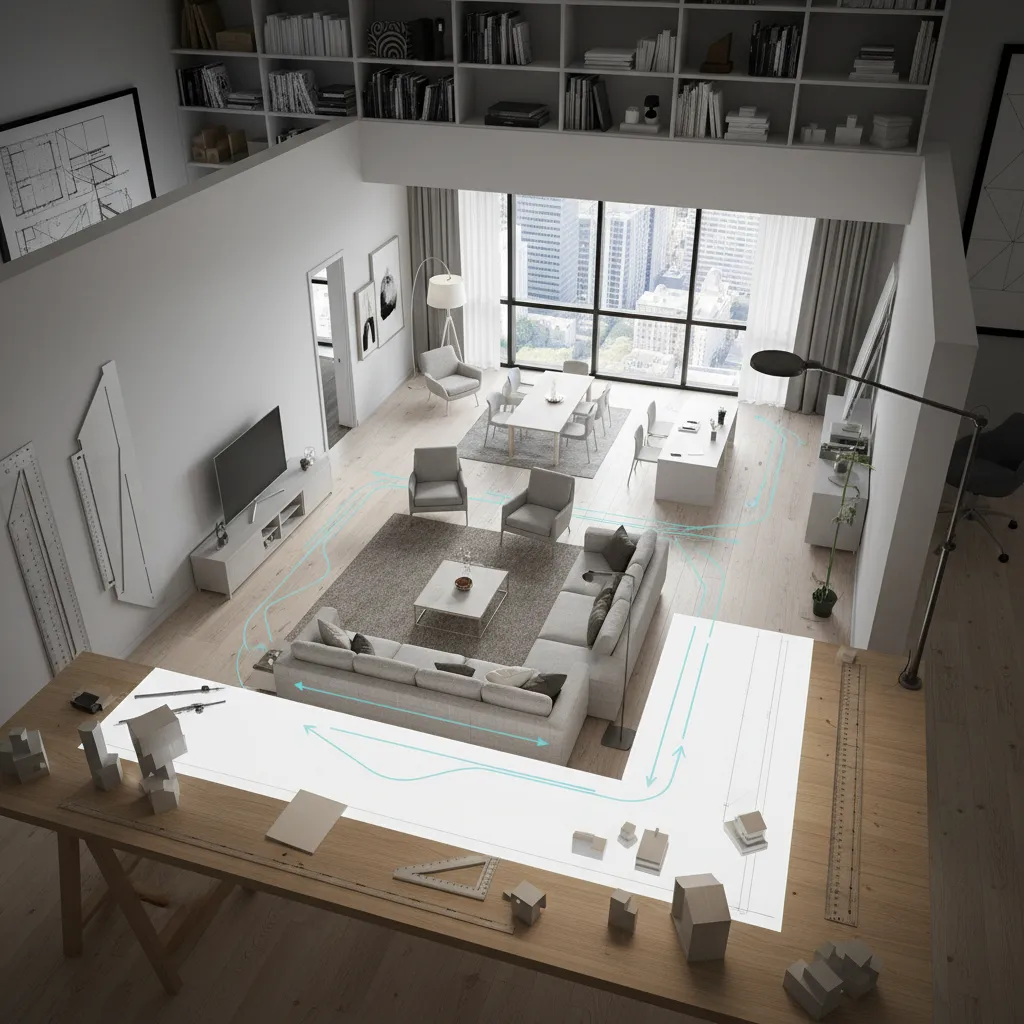 Plano de distribución de salón con muebles y circulación marcada