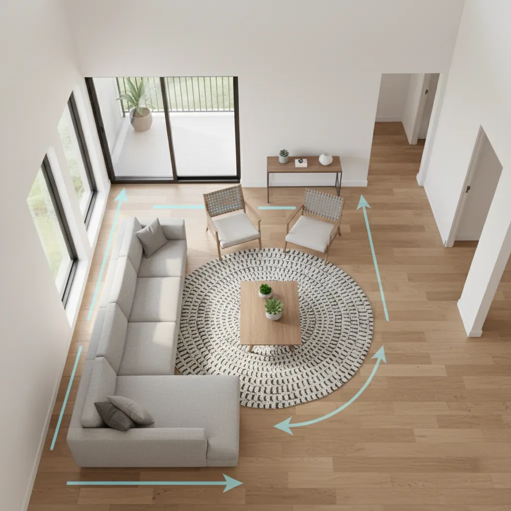 Plano de distribución de salón con muebles