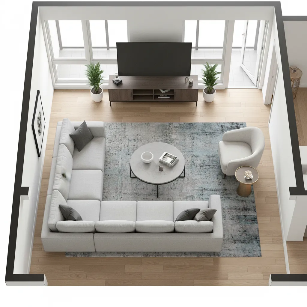 Top view living room layout with grey sofa, round coffee table, rug, and wood floor