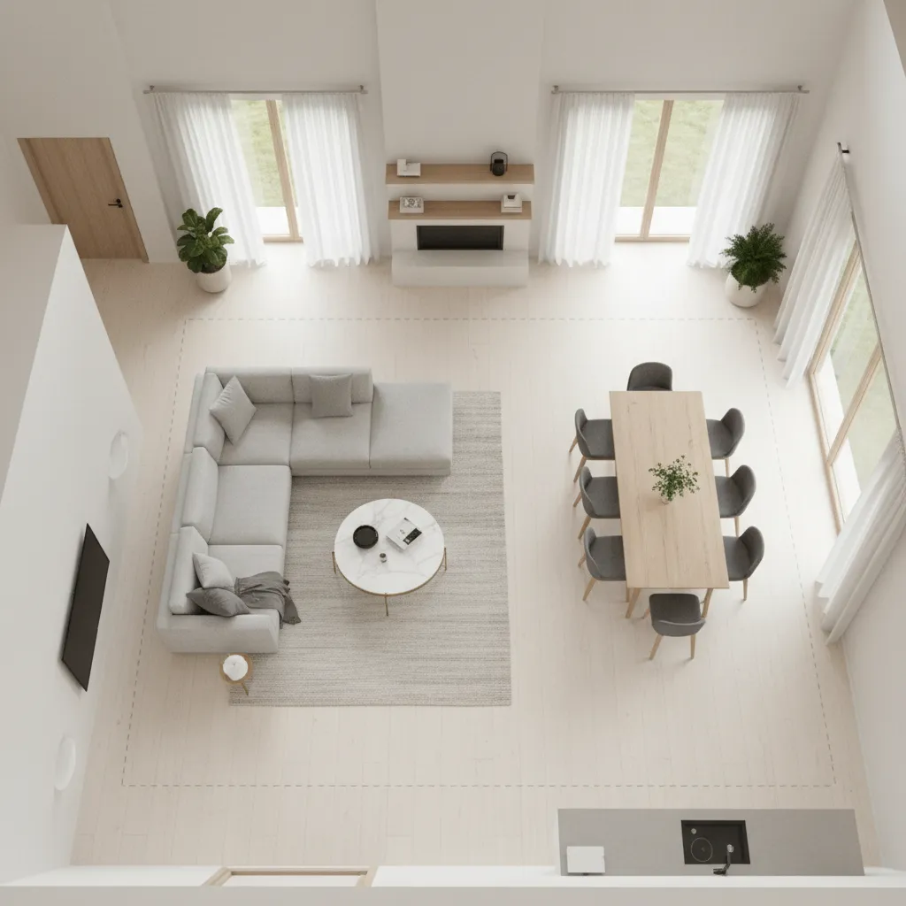 Modelo 3D de salón mostrando espacio de circulación entre muebles