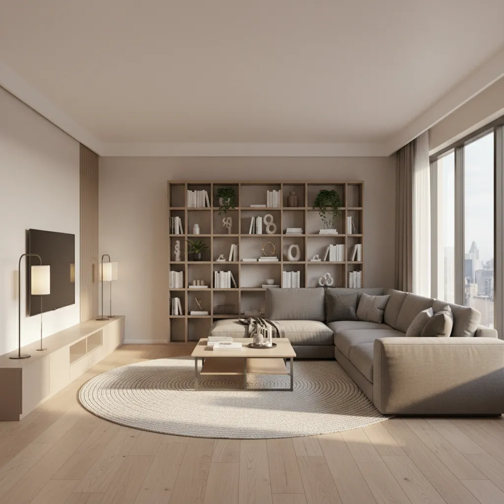 Modelo 3D de sala de estar mostrando distribución de muebles