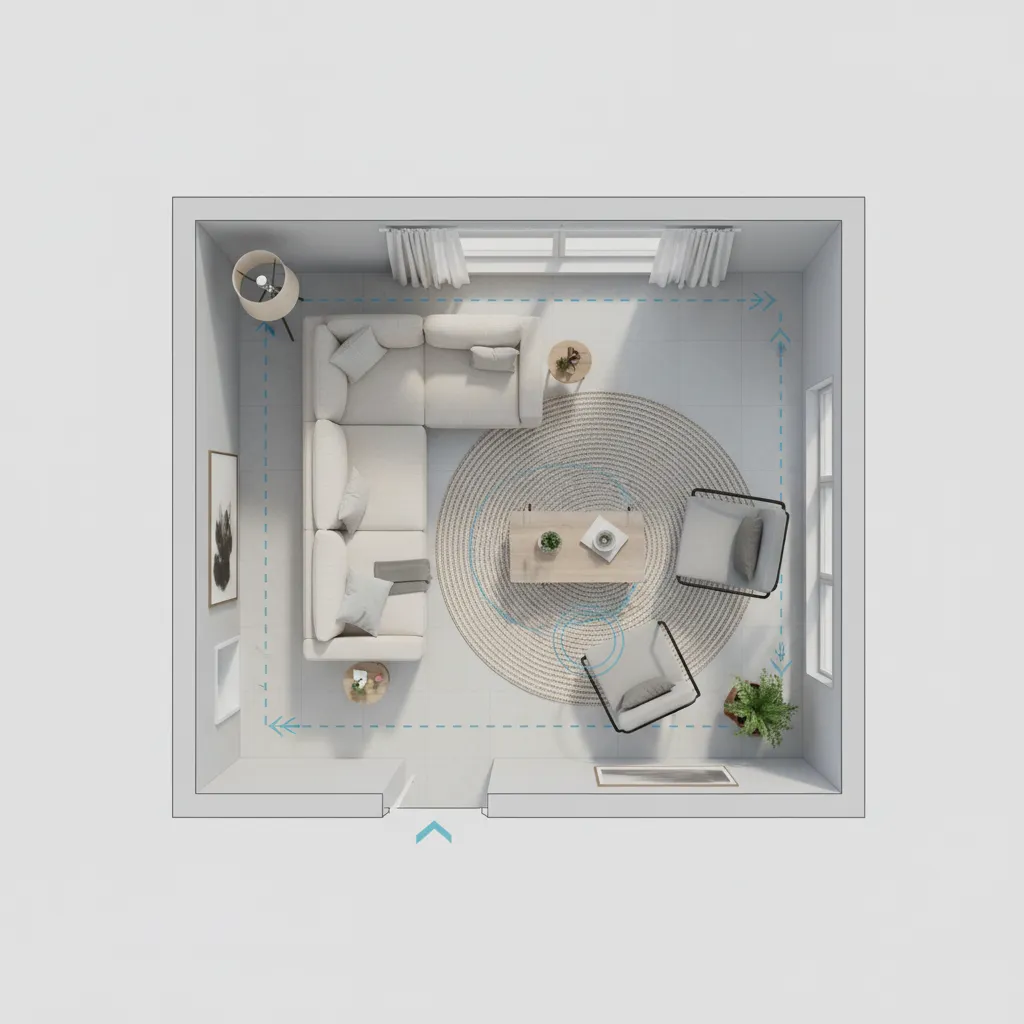 Top view of a room layout showing sofa placement and furniture with blue dimension arrows