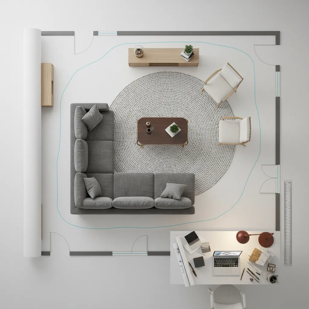 Plano de distribución de salón con muebles organizados sobre plano arquitectónico