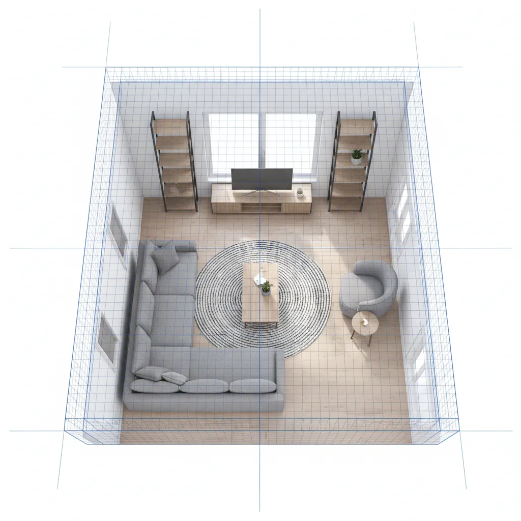 Plano digital de un salón con muebles colocados para probar la distribución