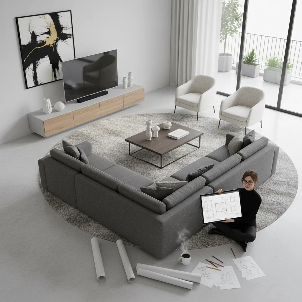 Planificación de distribución de muebles en salón moderno