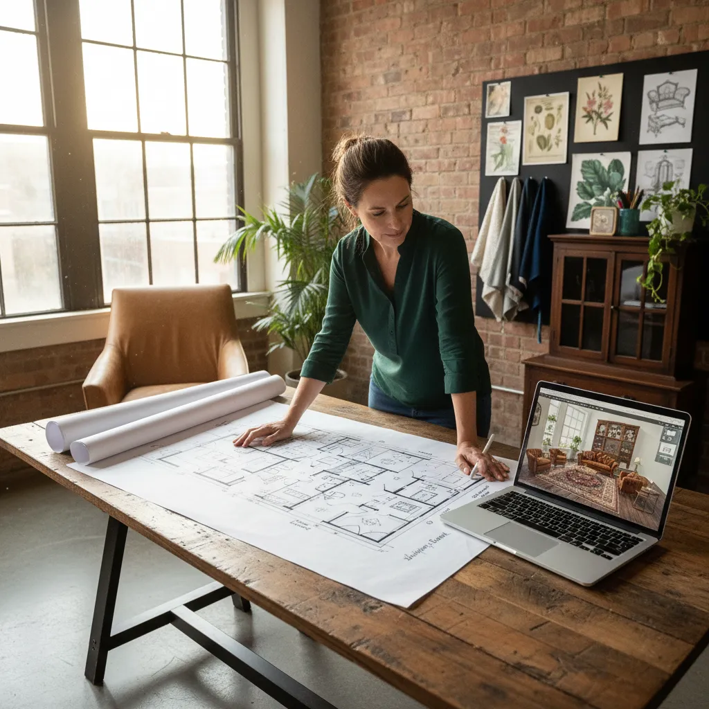 Diseñador planificando distribución de muebles en salón