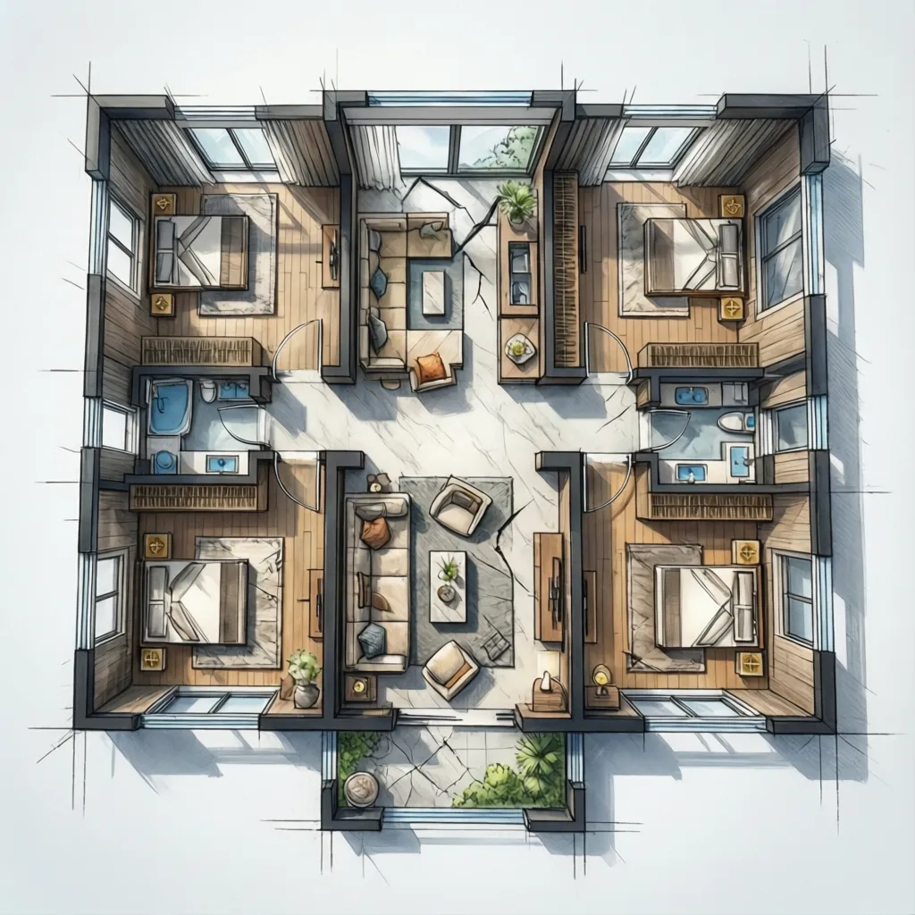 Color interior design drawing showing a four bedroom apartment with living room and bathroom layout
