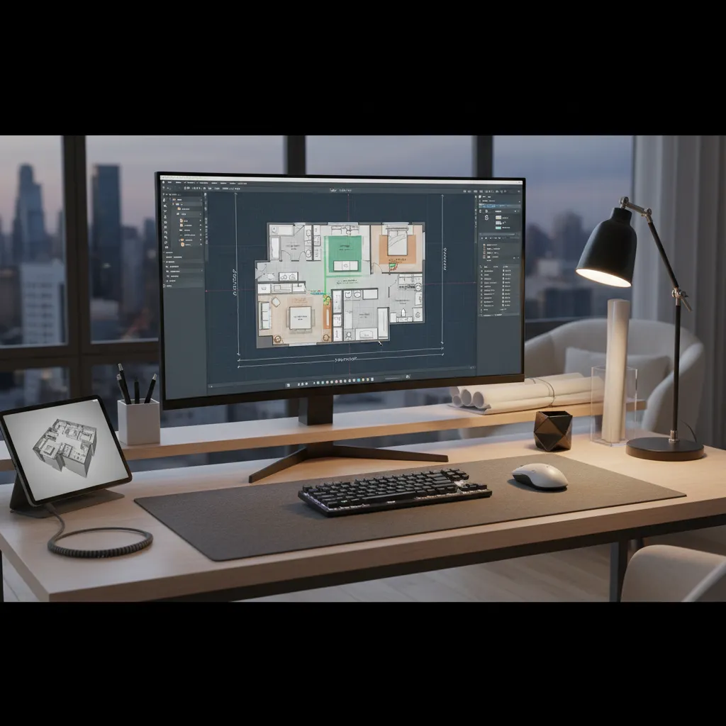 Plano digital de distribución de un apartamento en pantalla
