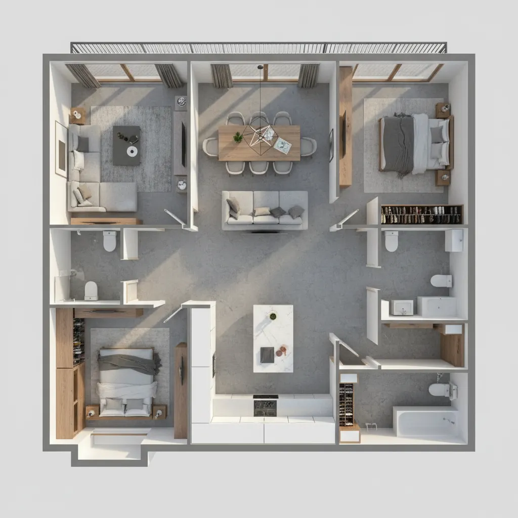 Plano digital de una vivienda completa con varias habitaciones diseñadas en 3D