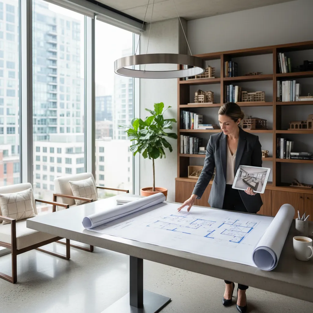Diseñador analizando la distribución de una vivienda moderna