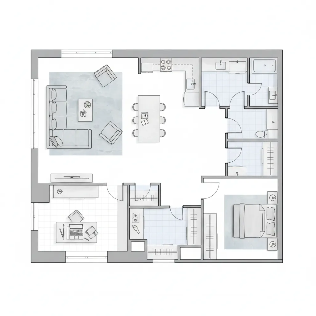 Plano de planta de vivienda con distribución de muebles