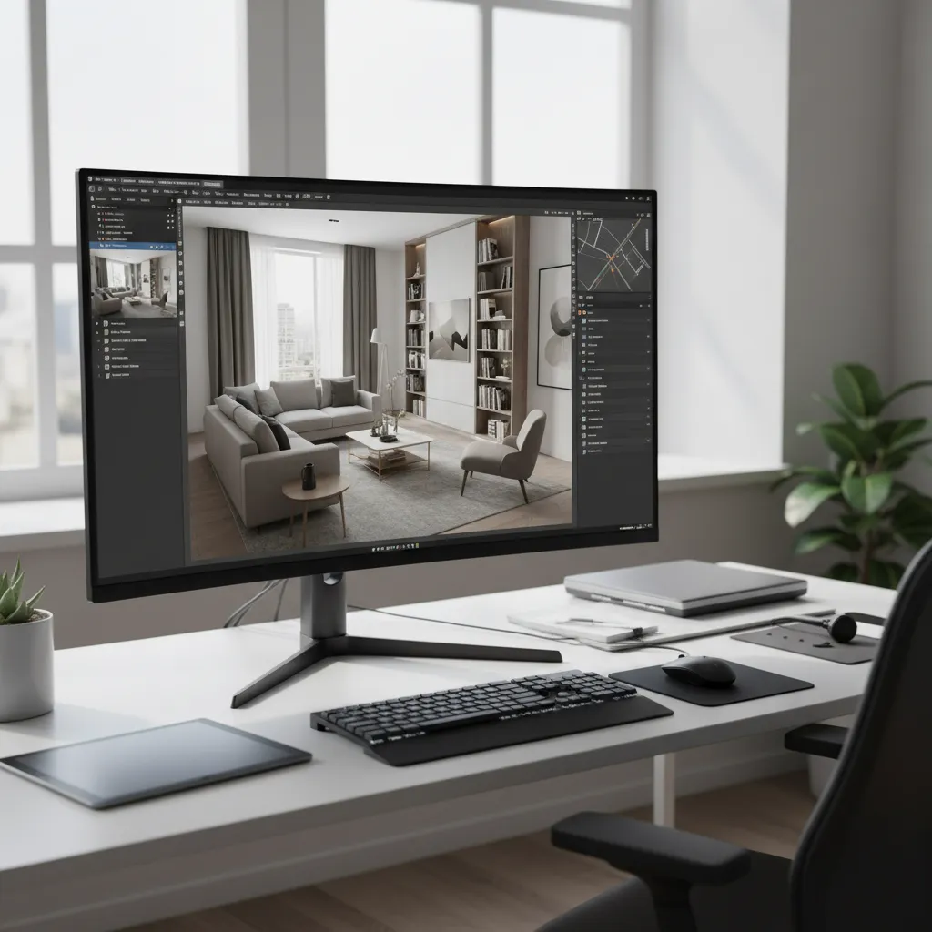 Computer monitor on a white desk showing a 3D interior design drawing of living room