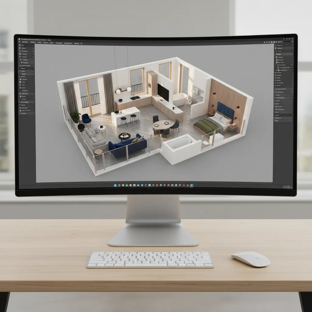 Curved computer monitor showing an interior design drawing of a modern apartment layout with furniture