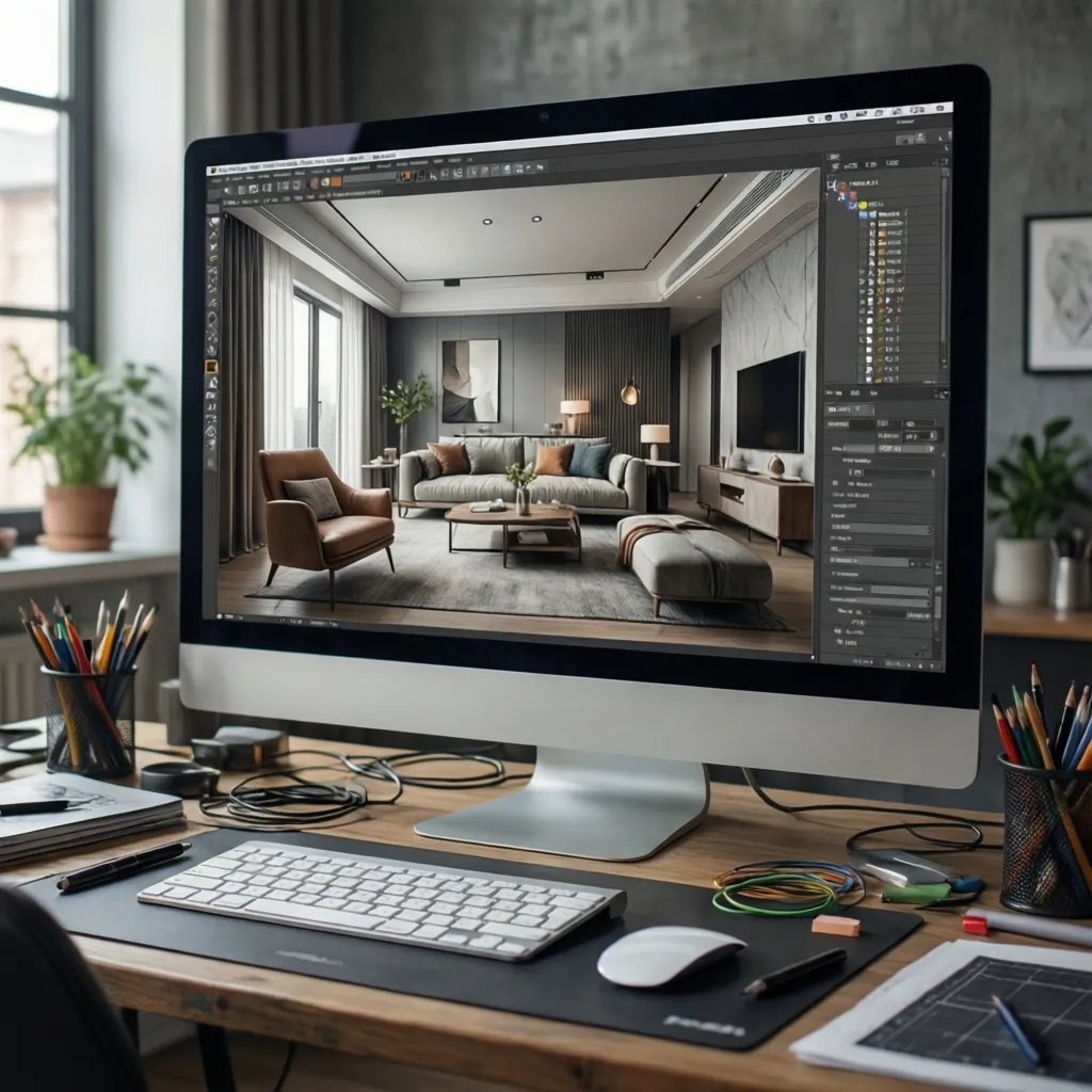 pantalla mostrando planificador 3D de sala de estar con muebles