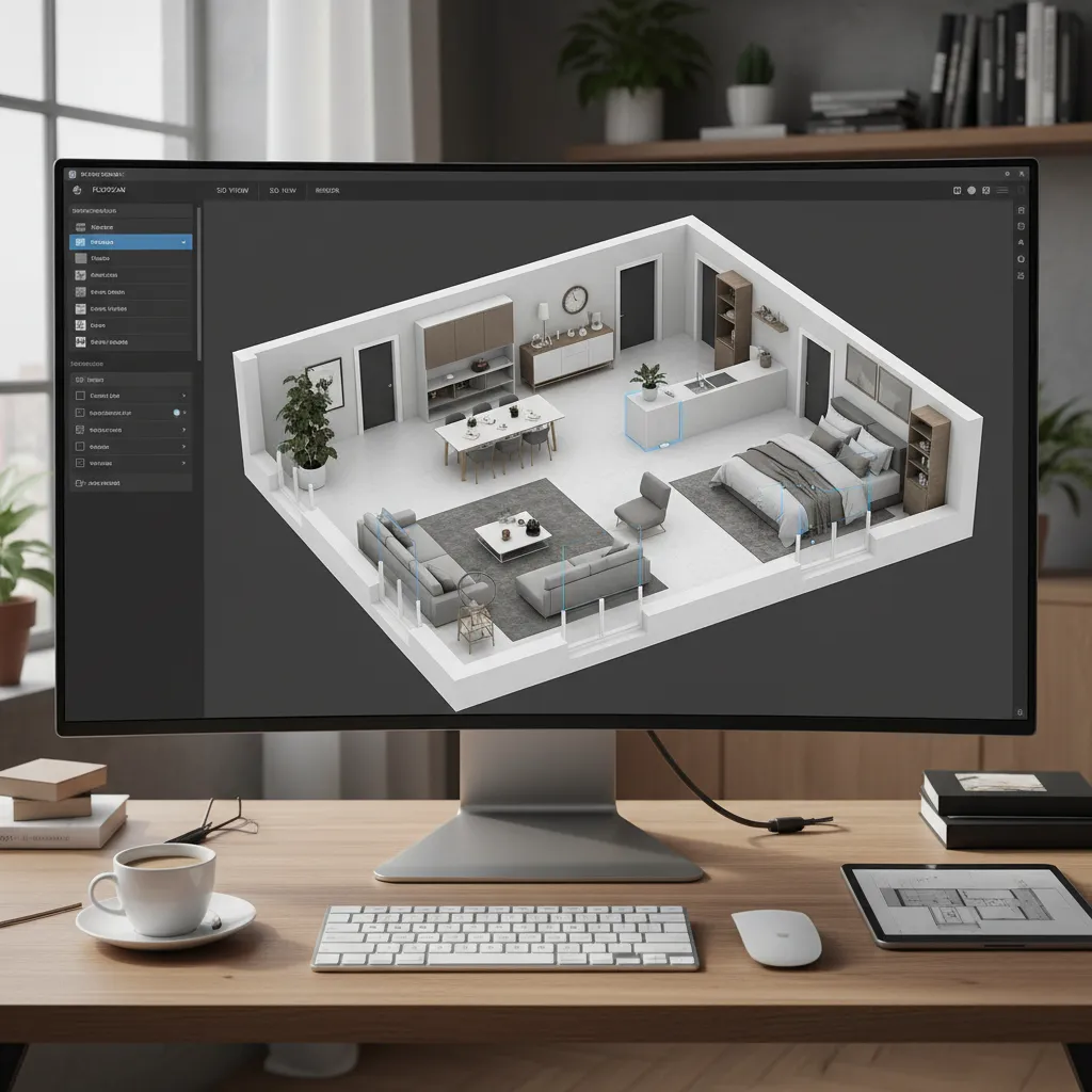 Pantalla mostrando un plano 3D de distribución de muebles en una vivienda
