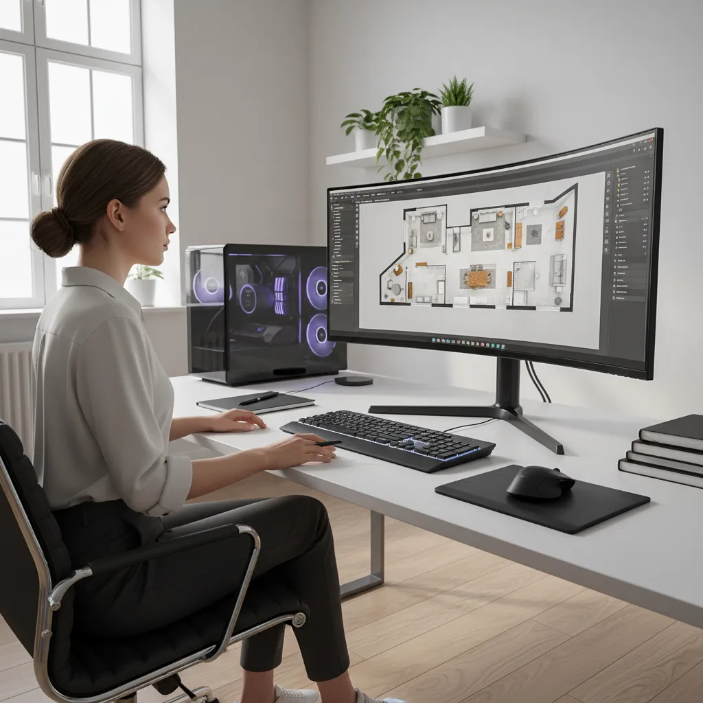 Diseñador creando un plano 3D de un apartamento en ordenador