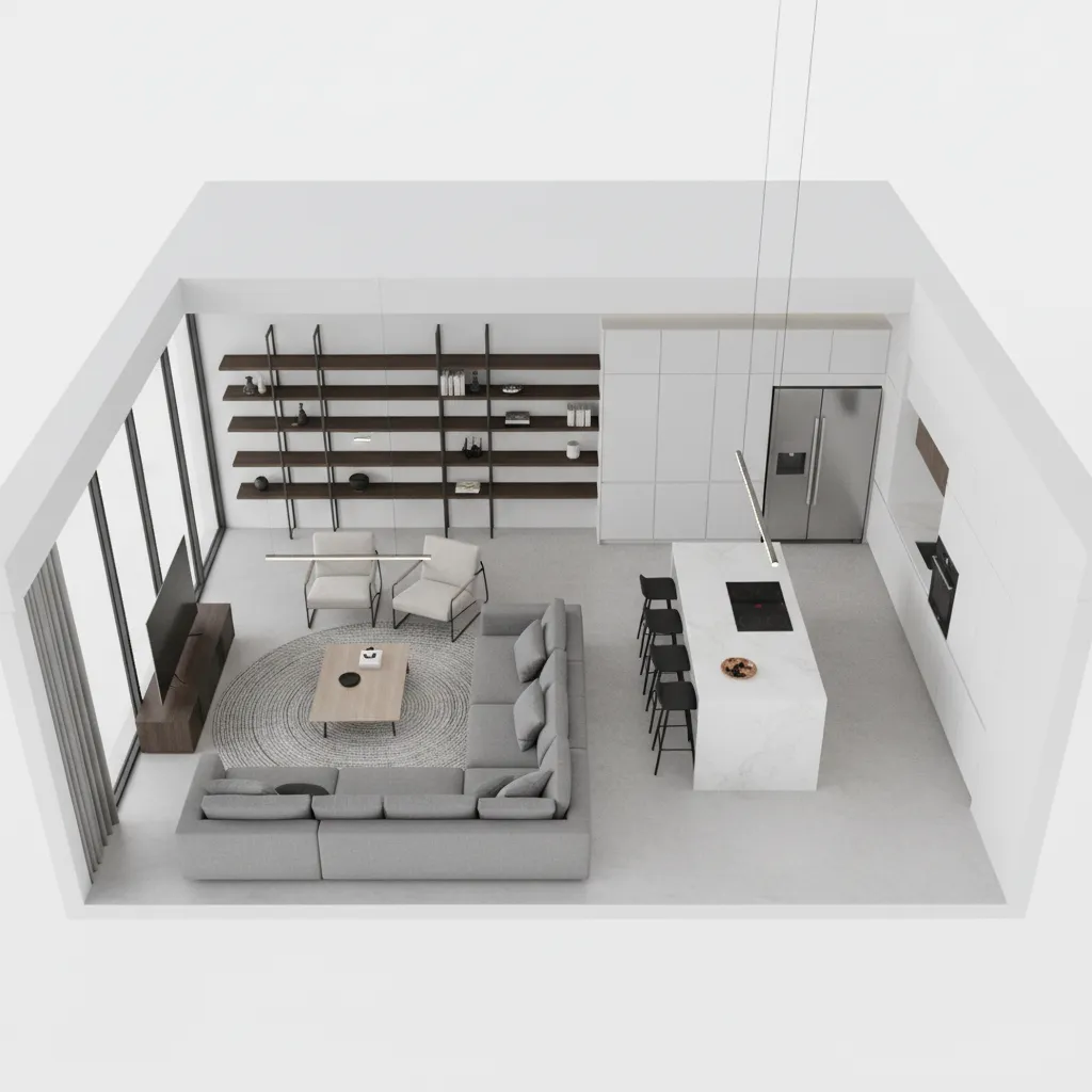 Plano 3D de un apartamento mostrando distribución de muebles