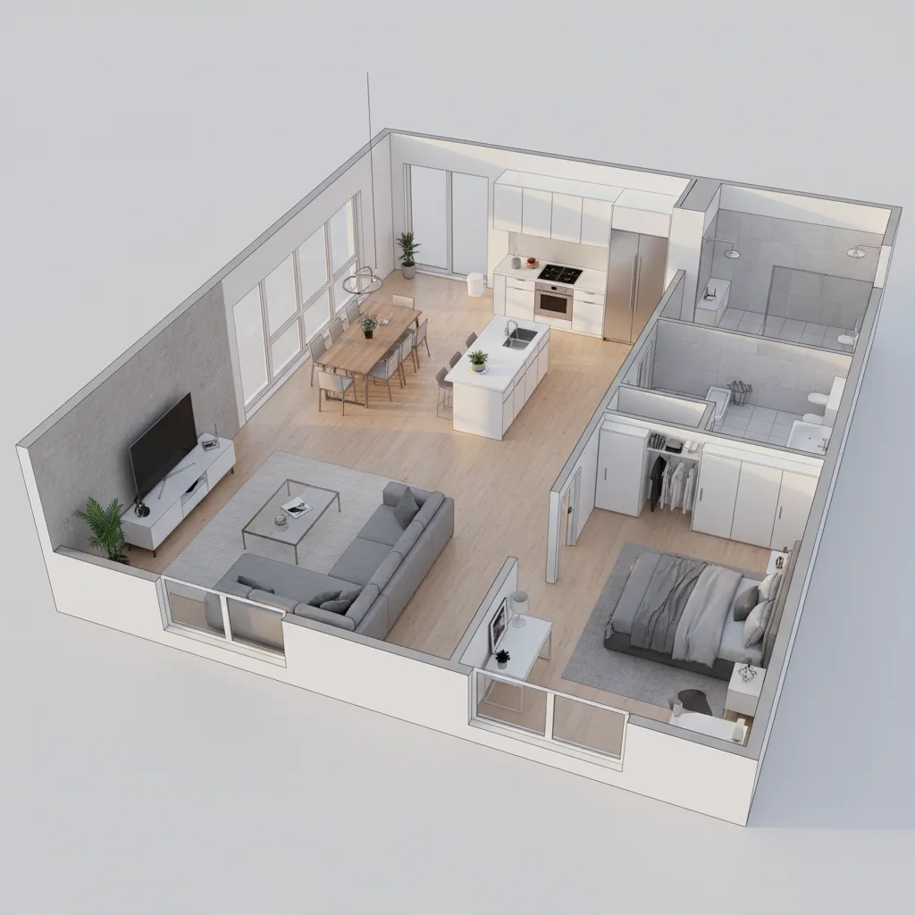 Vista 3D de distribución interior de un apartamento
