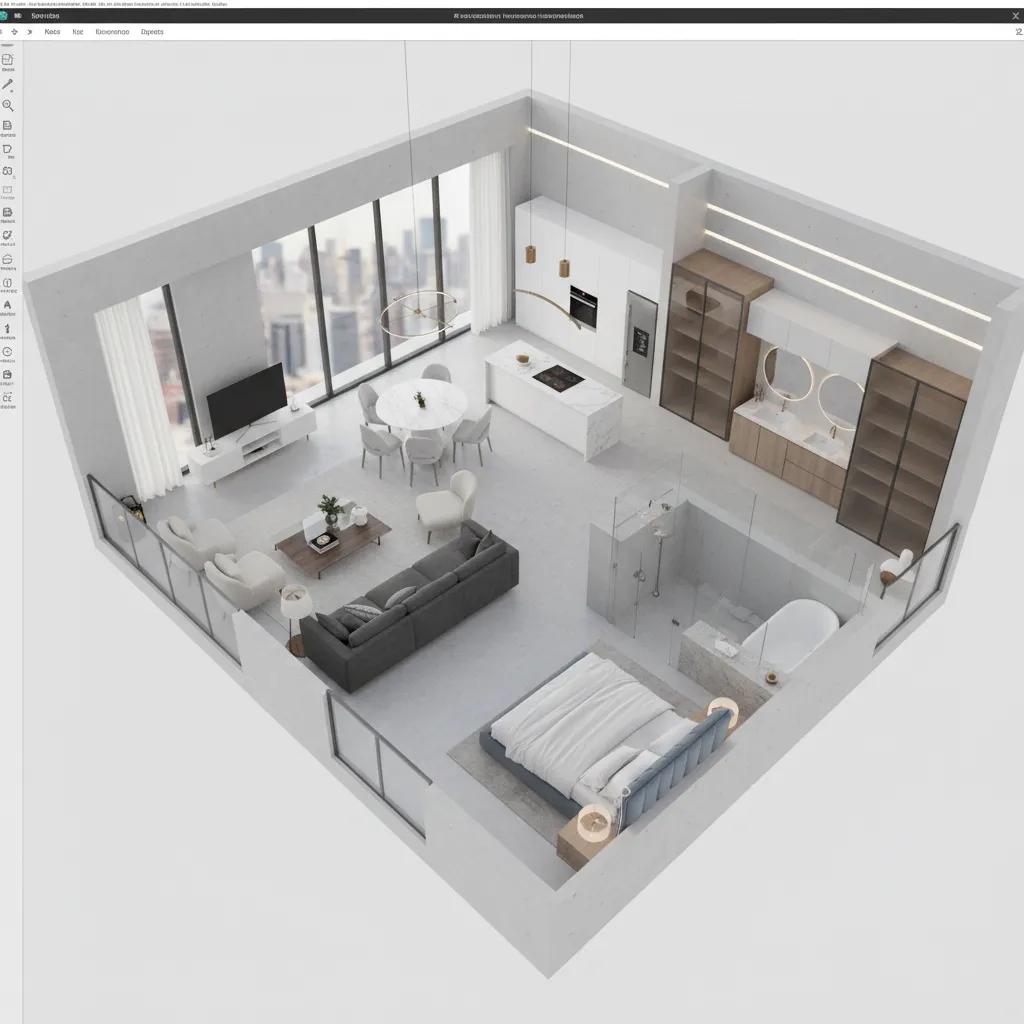Coohom interior design drawing showing a studio apartment with kitchen, living area, bed, and bathroom