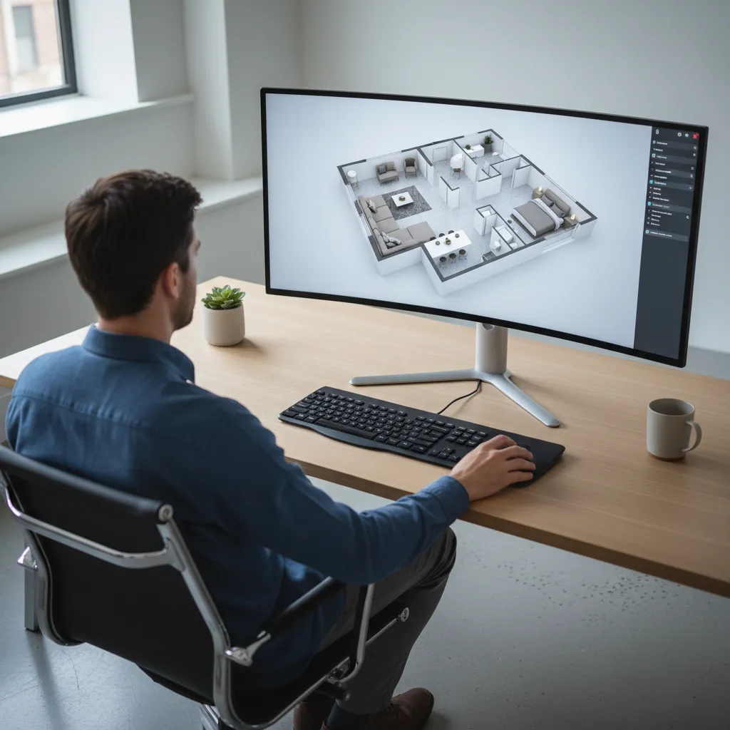 Diseñador trabajando en la planificación 3D de un apartamento