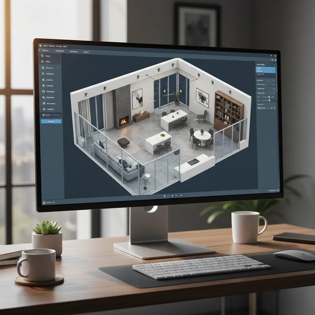 Pantalla con plano 3D de distribución de vivienda