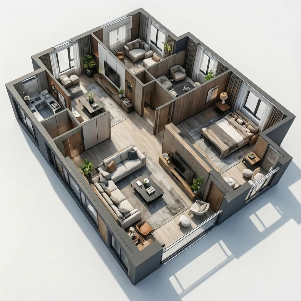 Interior design drawing of modern apartment layout with living room kitchen and furnished bedroom areas