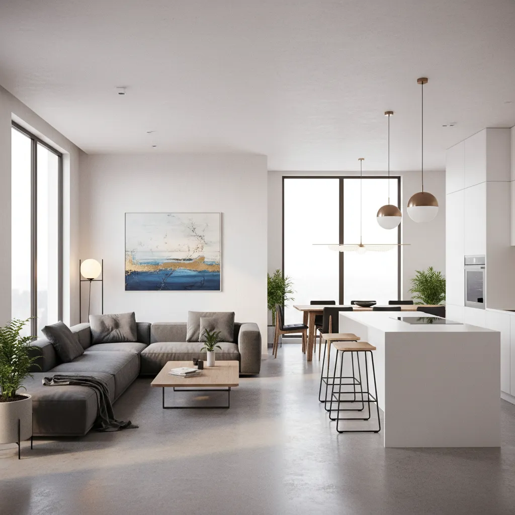 Modern open living room with grey sofa wooden table white kitchen island and light fixture