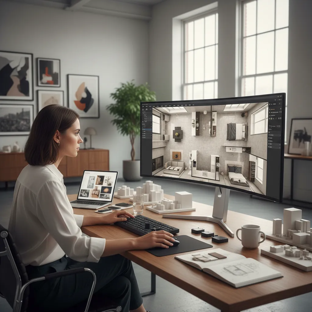 Diseñador creando la distribución de un apartamento en software 3D