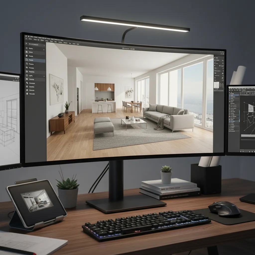 Pantalla mostrando planificación de interiores en 3D con distribución de muebles