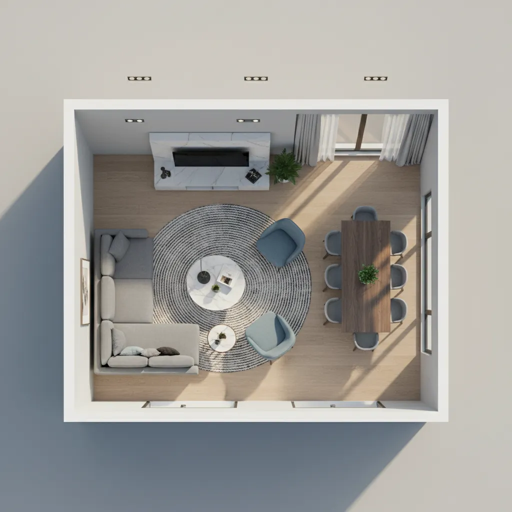 Top view room layout showing grey sofa round rug coffee table and wooden dining table