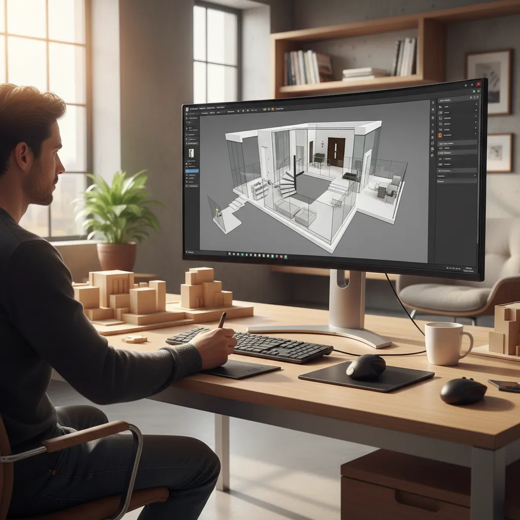 Diseñador creando un plano de distribución de interiores en computadora