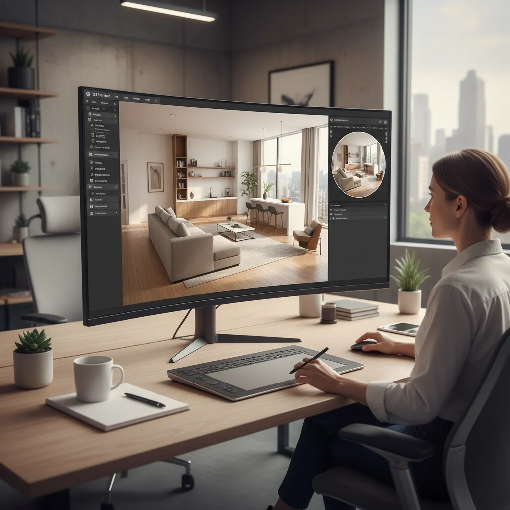 Pantalla con software de planificación 3D para diseño de interiores