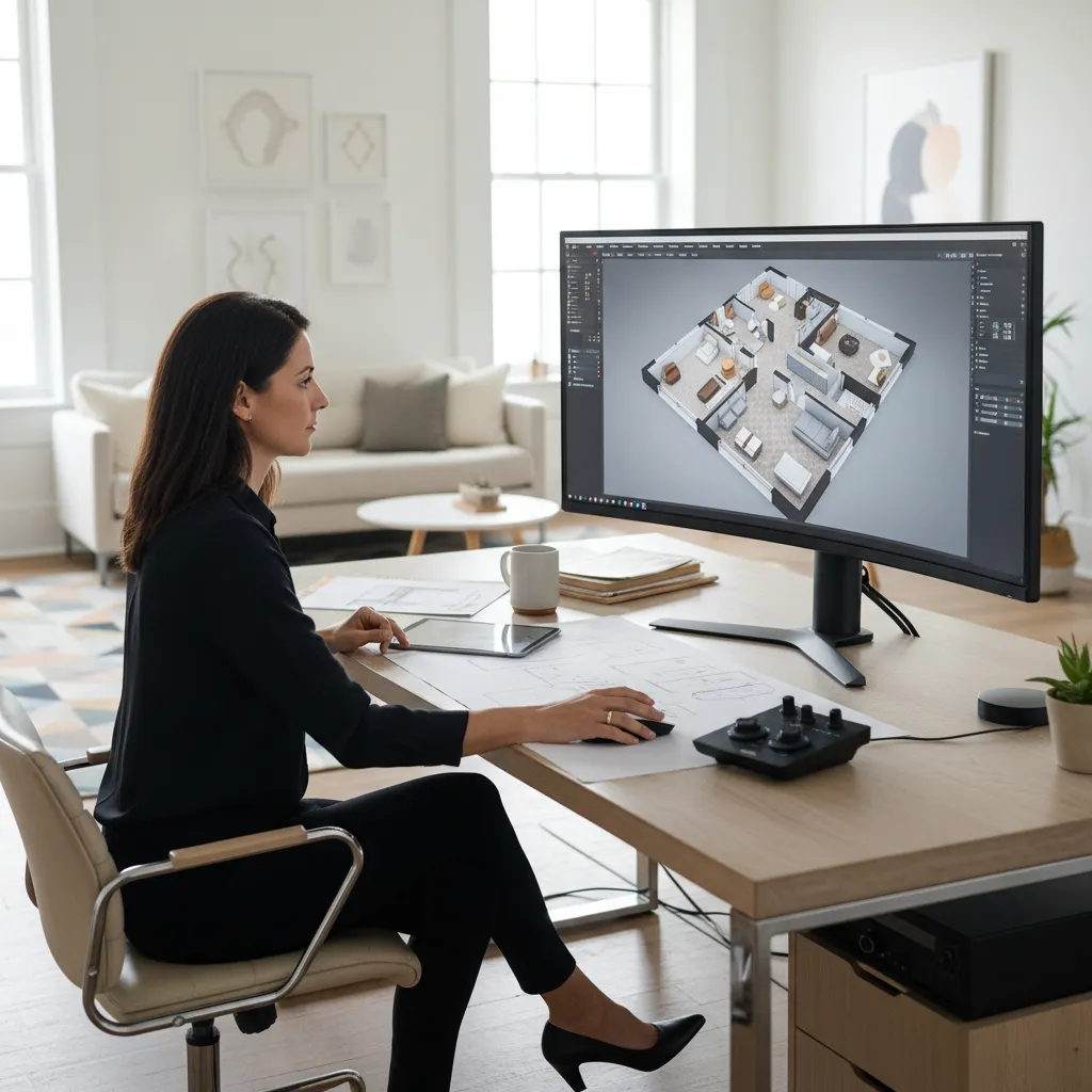 Professional woman sitting at desk using computer to design 3D room layout in bright office