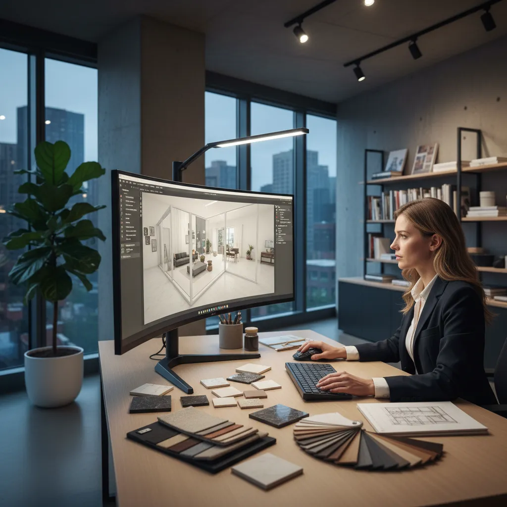 Diseñador utilizando software 3D para planificar la distribución de una vivienda