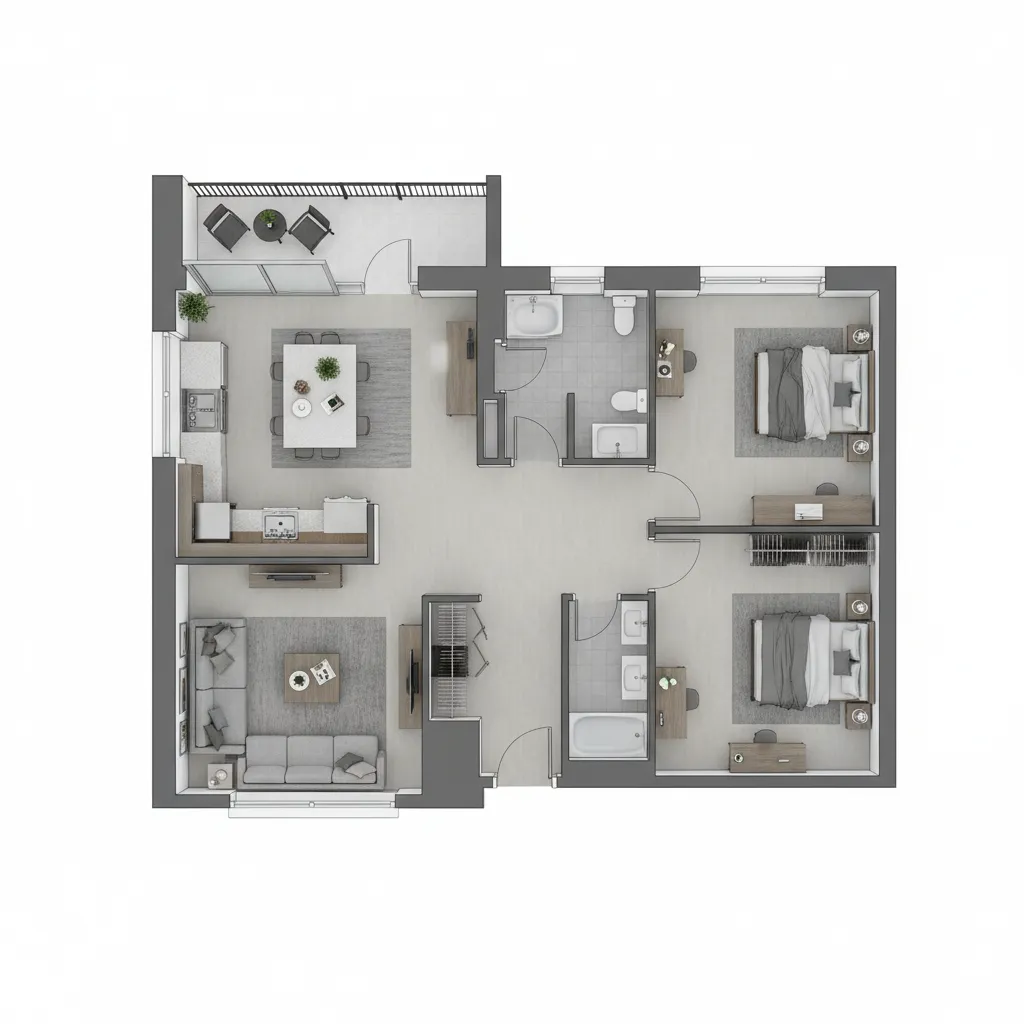 Modern two bedroom apartment floor plan with furniture kitchen living room bathroom and small balcony