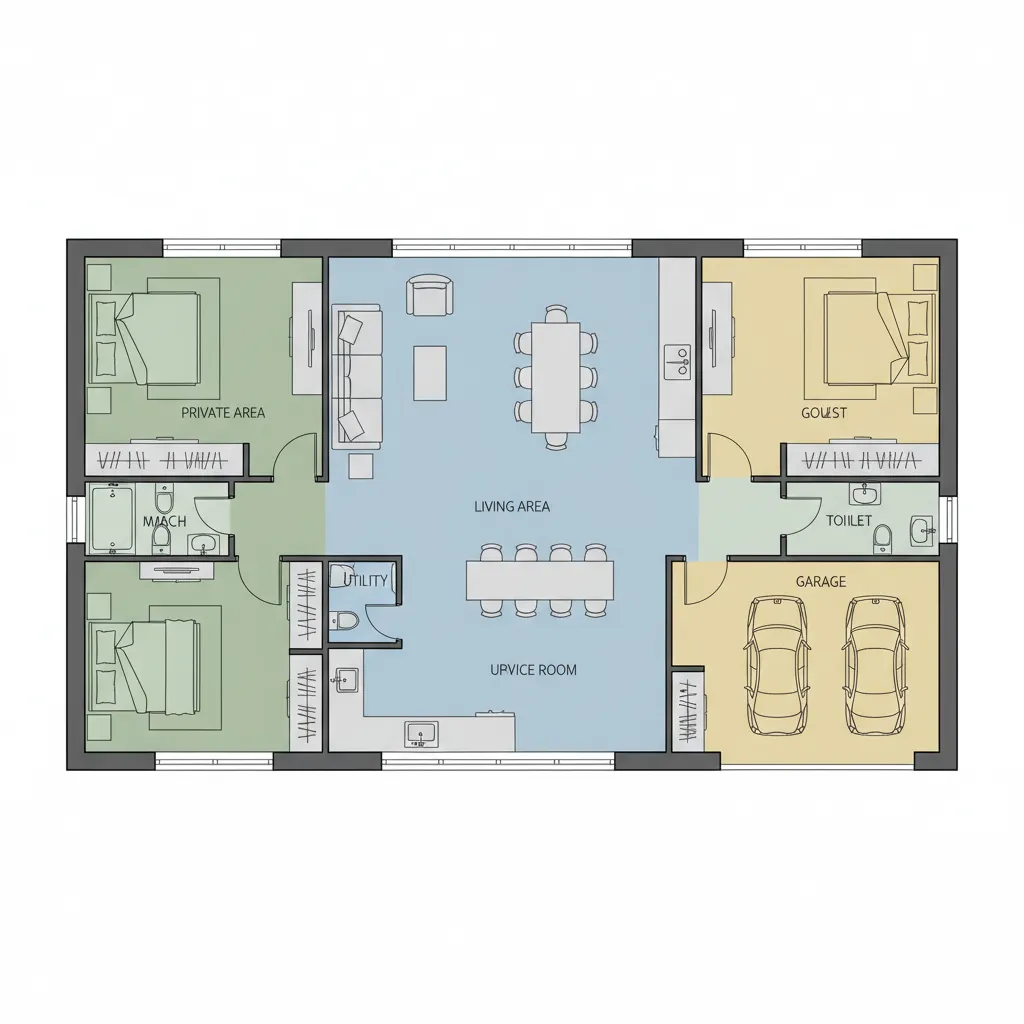 Plano de vivienda con zonas social privada y funcional marcadas
