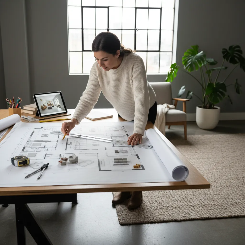 Diseñador revisando plano de vivienda con distribución de muebles