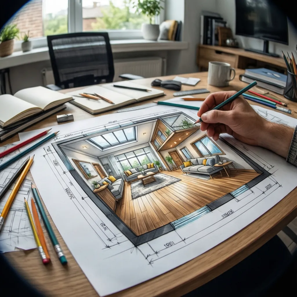 Mesa con bocetos de distribución de una vivienda